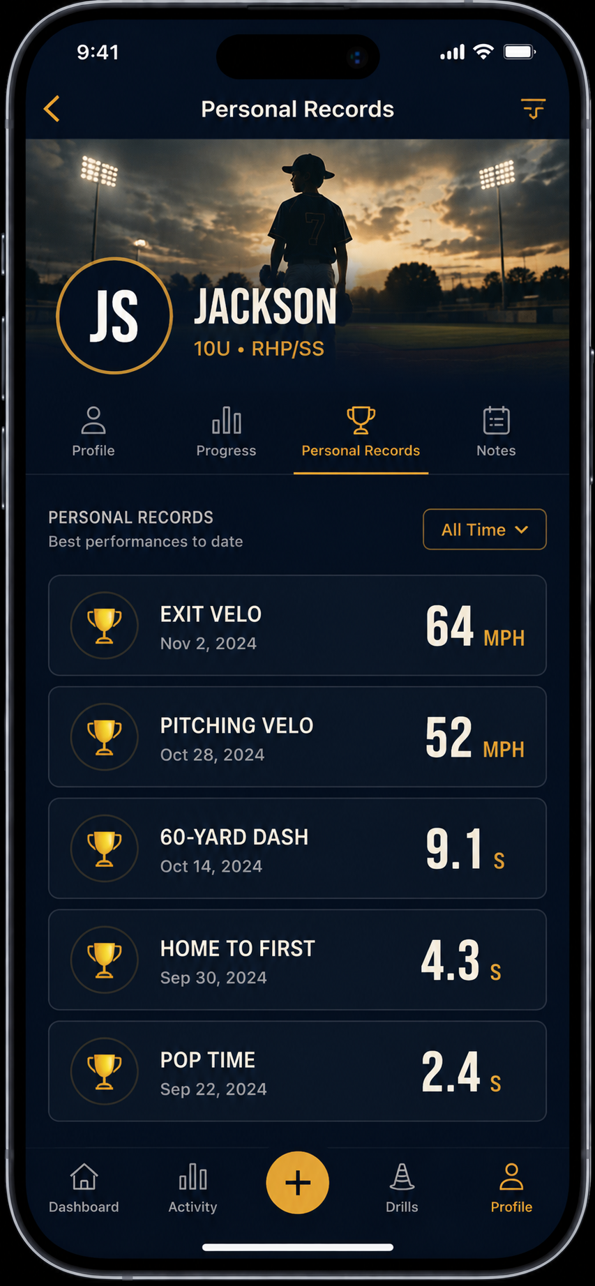 Diamond Development Personal records screen